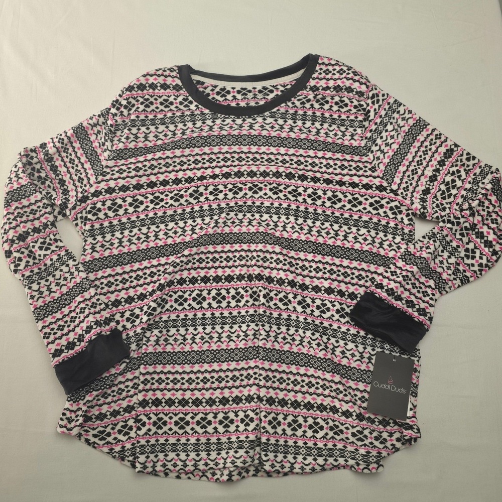 Cuddl Duds Women  2Pc Pajama Set Fleece Fairisle Ivory/Black Large Sleepwear NWT